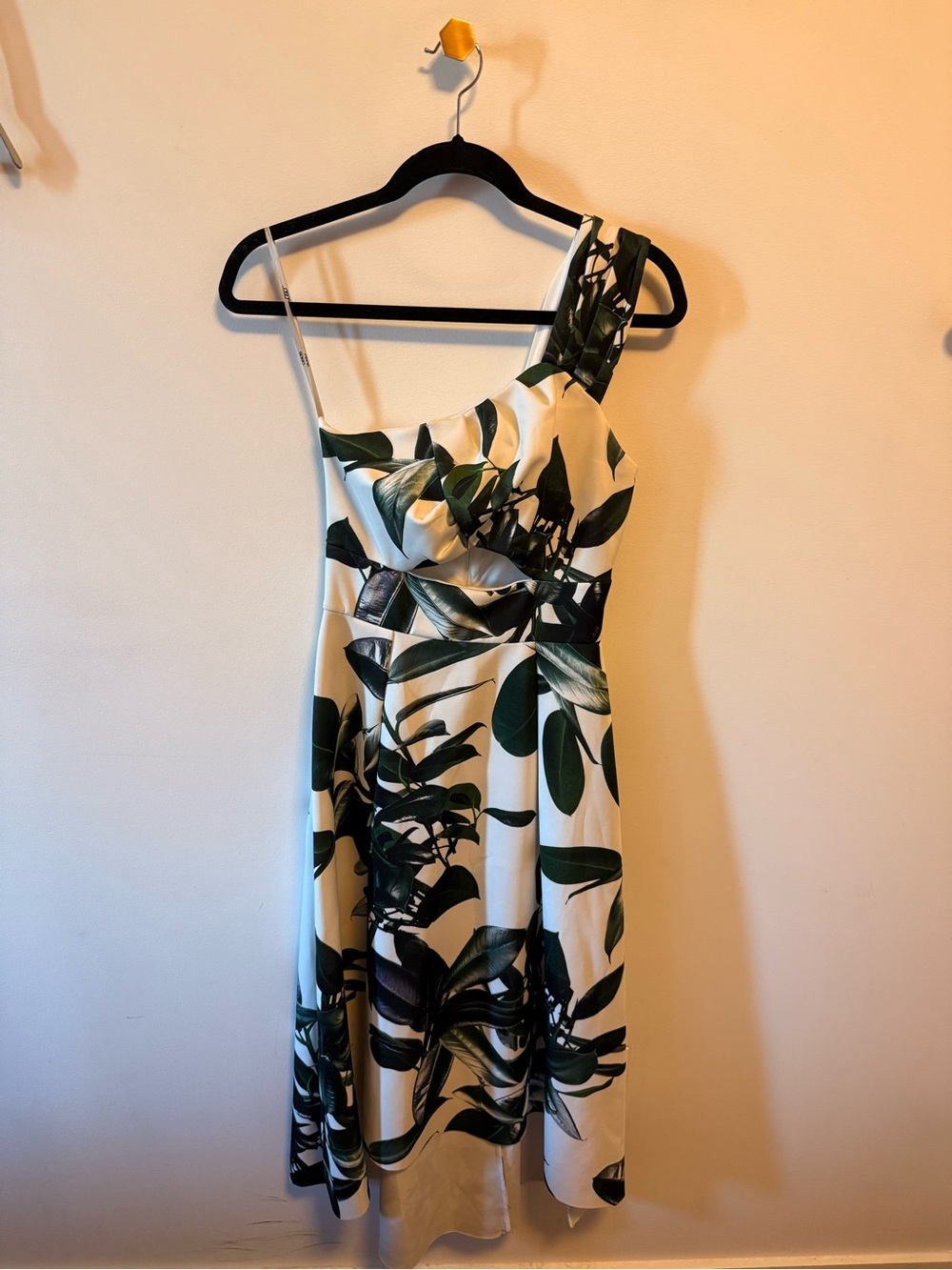 ASOS White One-Shoulder Midi Dress with Dark Green Leaf Print